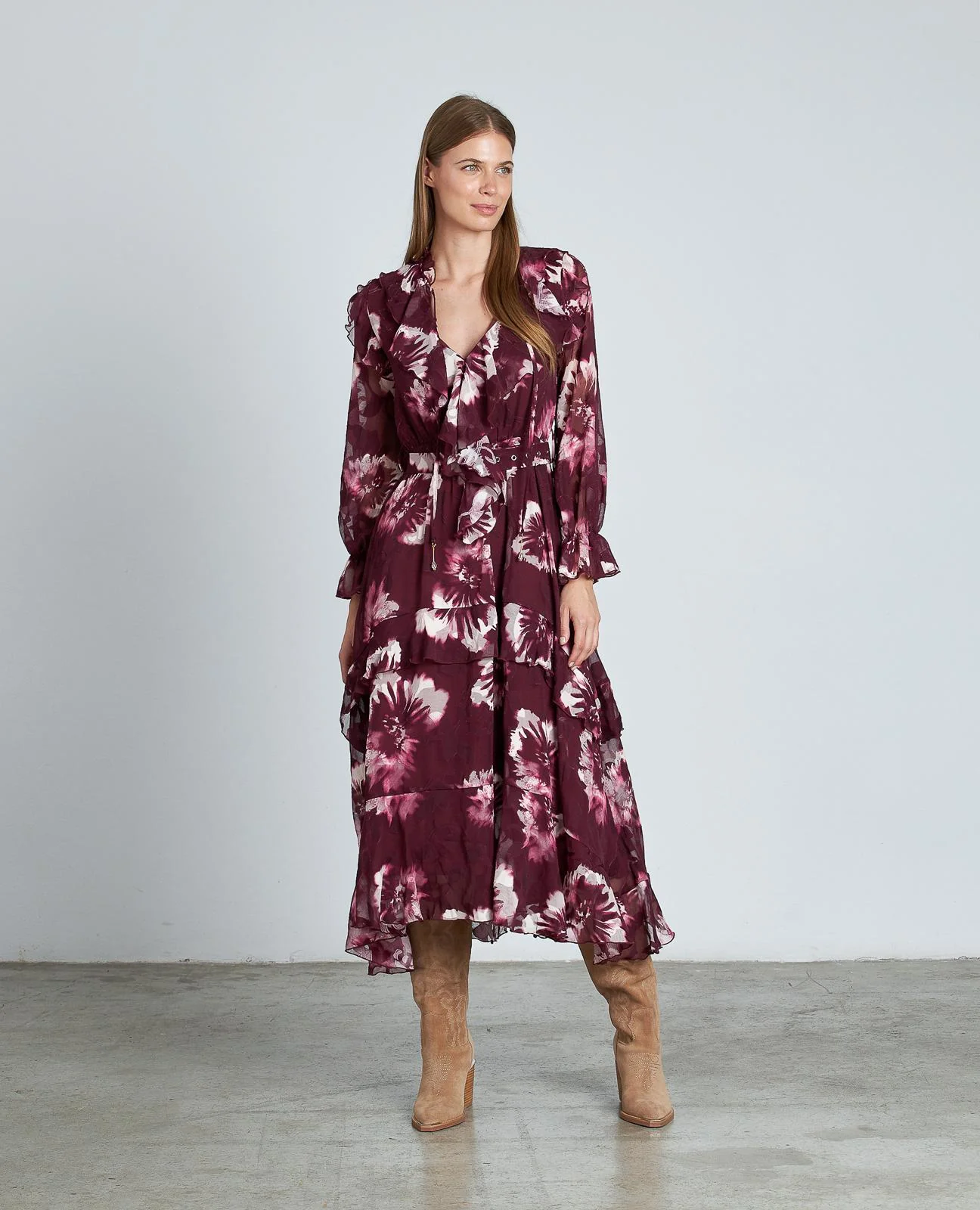 VESTIDO ESTAMPADO VOLANTES CINTURÓN